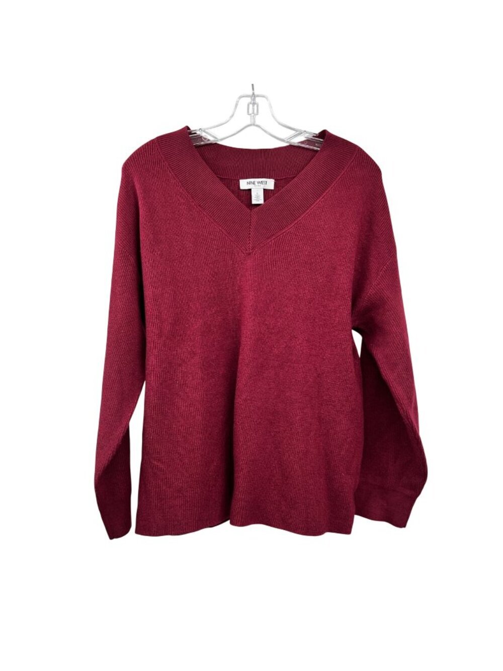 Nine West Women V-Neck Sweater Ribbed Maroon Size Large